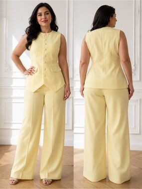 Sleeveless Tailored Vest & Wide-Leg Pants Set - Yellow Size L